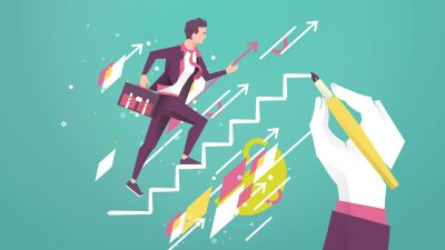 Desenho de homem subindo escada como metáfora para liderança