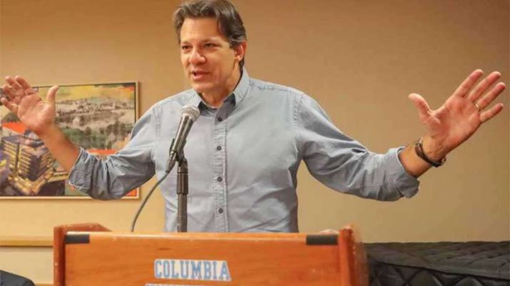 Fernando Haddad durante palestra na Universidade de Columbia, em Nova York