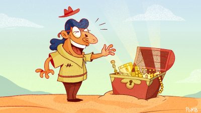 Ilustração de homem encontrando tesouro representa oportunidade de investimento