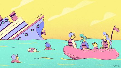 Ilustração: navio e bote salva-vidas