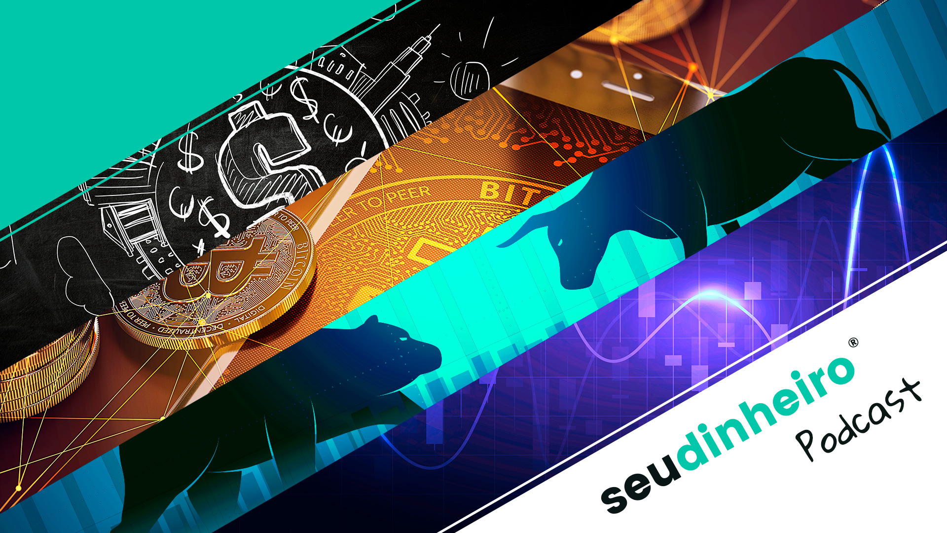 Capa do Podcast do Seu Dinheiro com 4 faixas diagonais com imagens de cifrão, bitcoin, touro e urso e gráfico da bolsa.