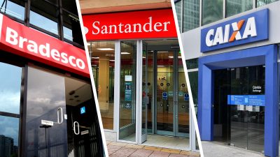 Montagem com as fachadas dos bancos Bradesco, Santander e Caixa