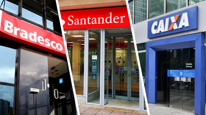 Montagem com as fachadas dos bancos Bradesco, Santander e Caixa