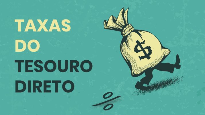 Selo para série preços e taxas do Tesouro Direto com uma sacola de dinheiro com pernas subindo e uma porcentagem caída no chão