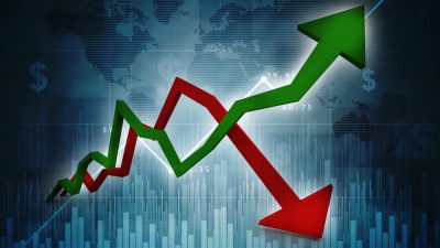 dua setas indicam o movimento de alta e o de queda dos mercados e da bolsa