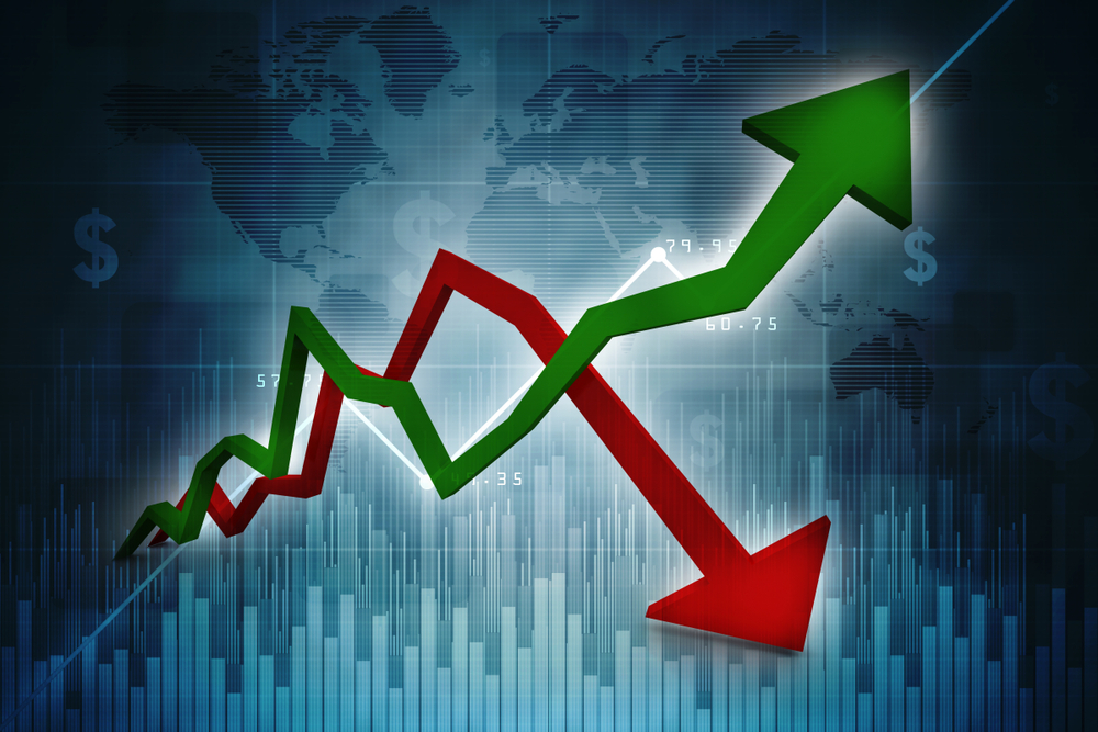 dua setas indicam o movimento de alta e o de queda dos mercados e da bolsa