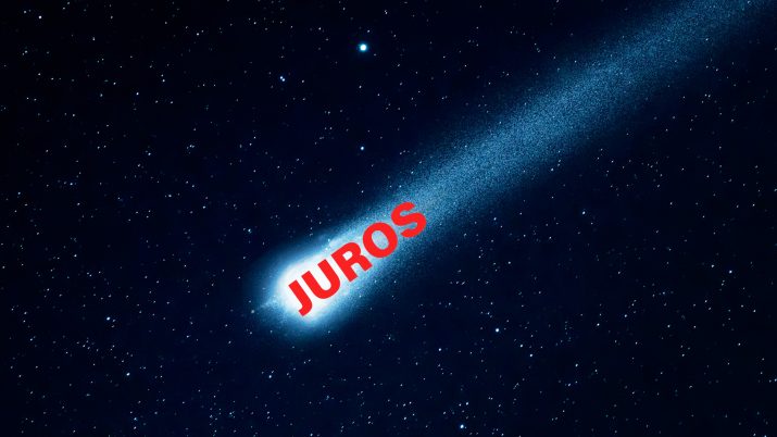 Montagem de meteoro no espaço em direção para baixo com o texto juros em cima; investimentos
