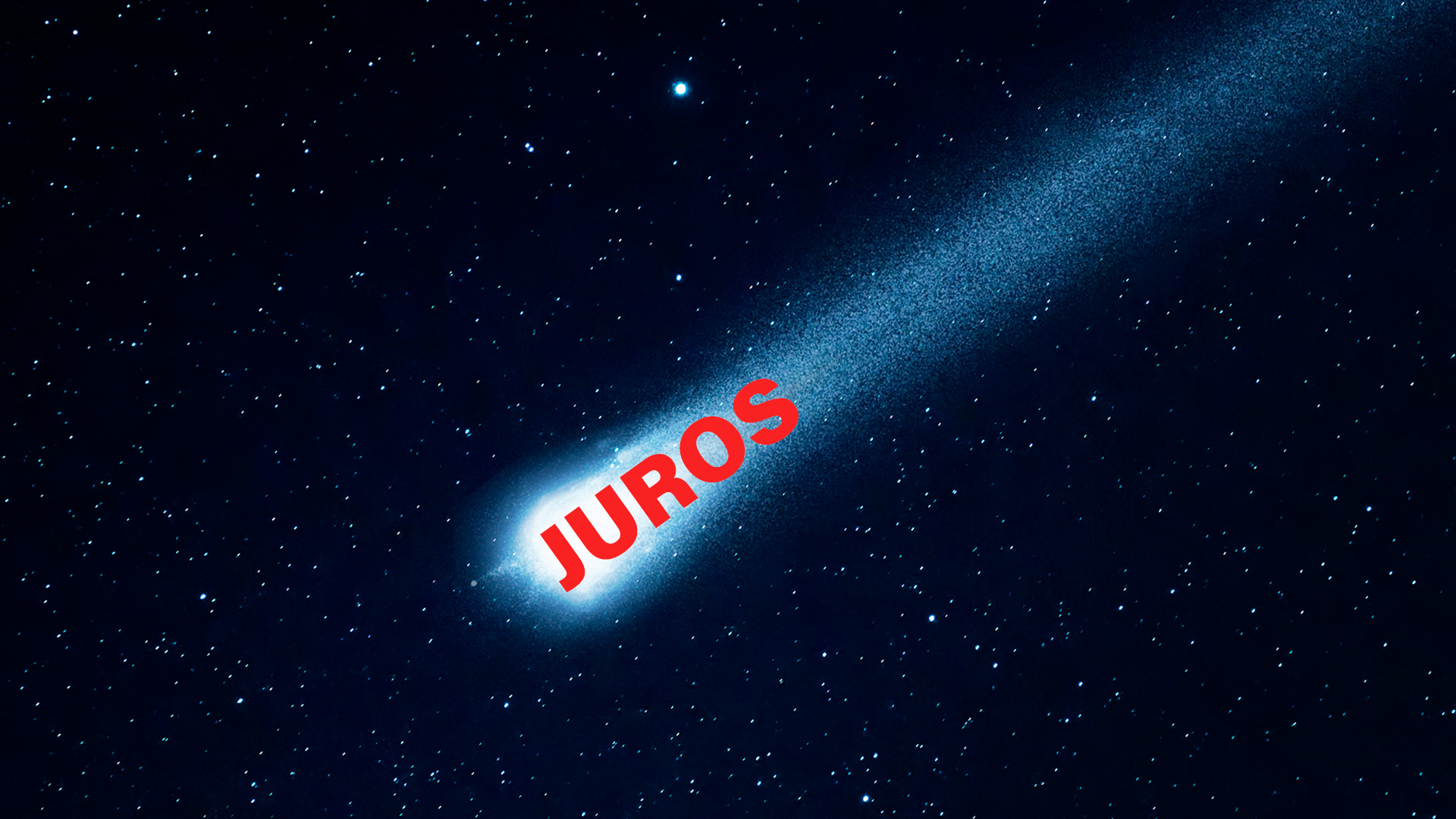Montagem de meteoro no espaço em direção para baixo com o texto juros em cima; investimentos