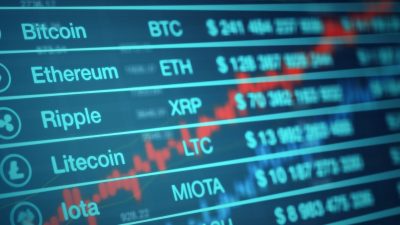 Painel de cotações de criptomoedas com bitcoin, ethereum, ripple, litecoin e iota