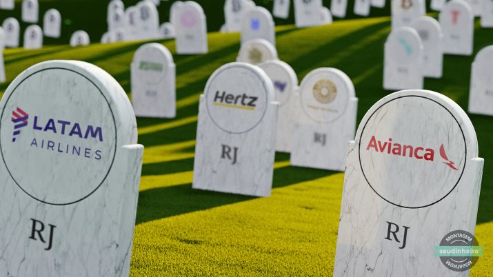 Imagem conceitual traz logo de empresas que pediram recuperação judicial em túmulos