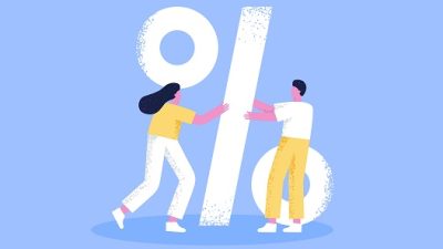 Ilustração com porcentagem e duas pessoas, simbolizando a alteração na Selic e nos juros