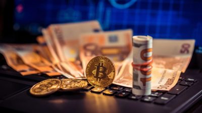 Bitcoins,And,New,Virtual,Money,Concept.,Growth,Bitcoins.,Euro,Bills