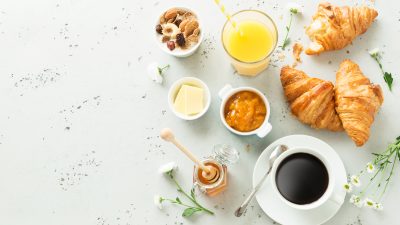 Continental,Breakfast,Captured,From,Above,(top,View,,Flat,Lay).,Coffee,