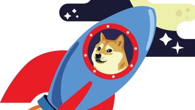 Dogecoin,Dog,Riding,Rocket,To,Moon