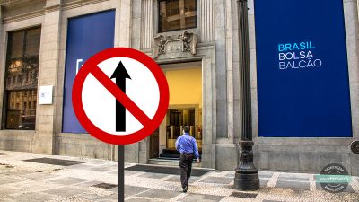 Montagem mostra sede da bolsa com placa de contramão