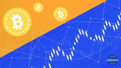 à esquerda, imagem de bitcoin, à direita, imagens de um gráfico de ações