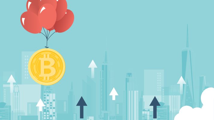 desenho de uma criptomoeda subindo ao céu presa por um balão. Arranhas céus, e setas para cima ao fundo