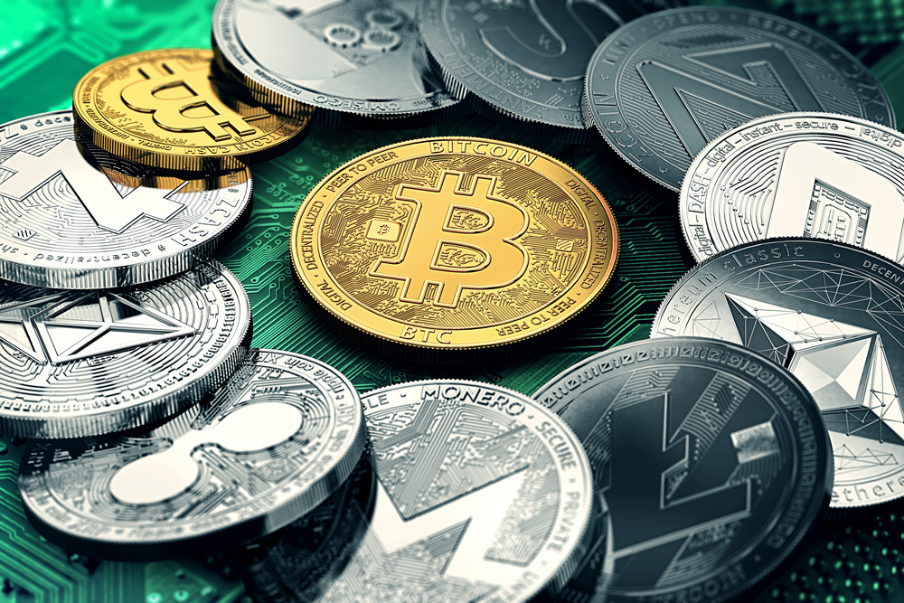 Imagem mostra bitcoin em volta de diversas criptomoedas DeFi