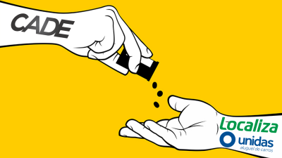 Ilustração de uma mão com o logo do Cade entregando remédios para uma outra mão estendida, com os logos da Localiza (RENT3) e Unidas (LCAM3), num fundo amarelo