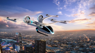 Imagem conceitual de um eVTOL da Eve, braço de mobilidade área urbana da Embraer (EMBR3)