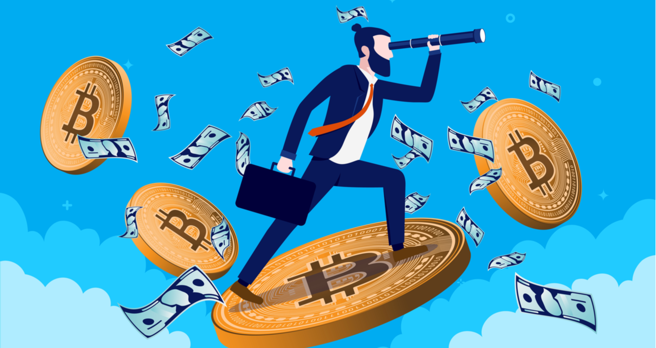 Desenho de um homem de terno e gravata que segura em uma mala voando sobre uma moeda de bitcoin e cercado de outras moedas e notas