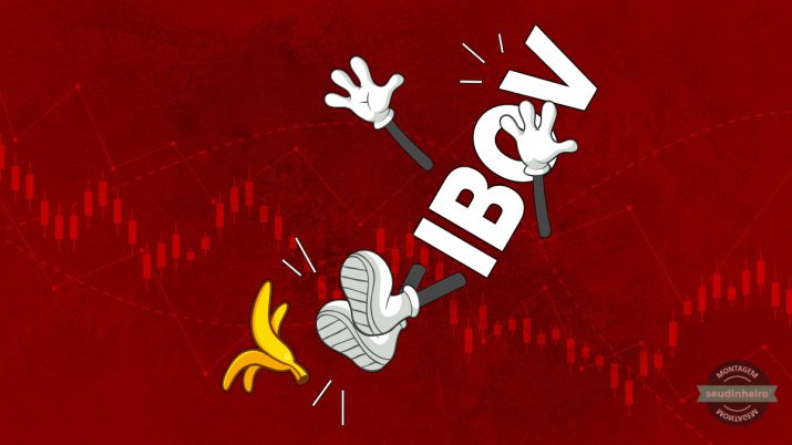 Palavra IBOV com braços e pernas de desenho escorregando em uma banana e fundo vermelho com gráficos em queda | Ibovespa, dólar