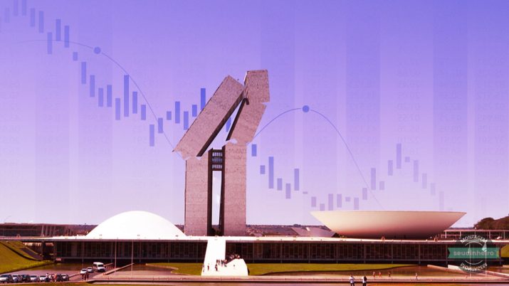 Montagem mostra imagem com tons de vermelho do prédio do congresso nacional ruindo e gráficos em queda ao fundo | Ibovespa