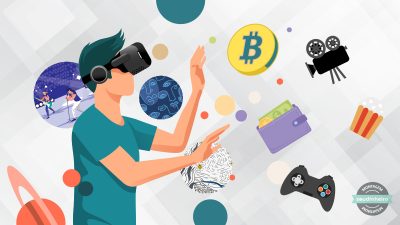 Montagem de ilustração com pessoa usando óculos de realidade virtual e suas mãos estendidas em direção a vários objetos como bitcoin, câmera de filmagem, carteira com dinheiro, controle de video game, pipoca e alguns circulos ao fundo com imagens de show e artes