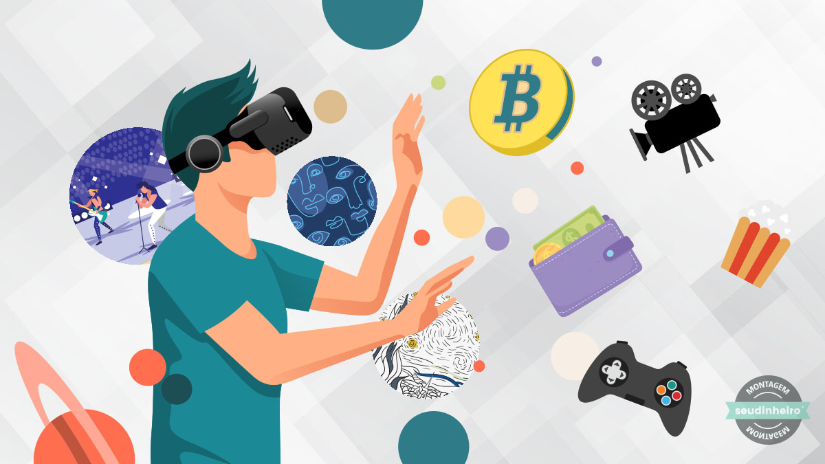 Montagem de ilustração com pessoa usando óculos de realidade virtual e suas mãos estendidas em direção a vários objetos como bitcoin, câmera de filmagem, carteira com dinheiro, controle de video game, pipoca e alguns circulos ao fundo com imagens de show e artes