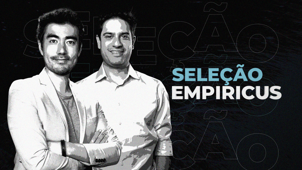 Arte para divulgação do Seleção Empiricus. Victor Aguiar e João Piccioni, apresentadores do programa, aparecem em preto e branco sob um fundo preto