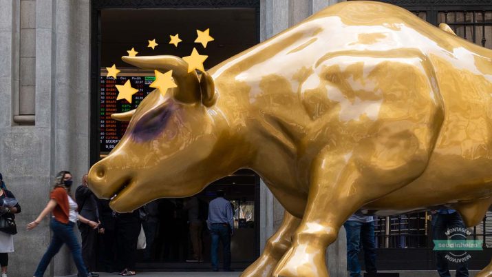 Montagem do touro de ouro da B3 com olho roxo e estrelinhas de tontura em cima da cabeça