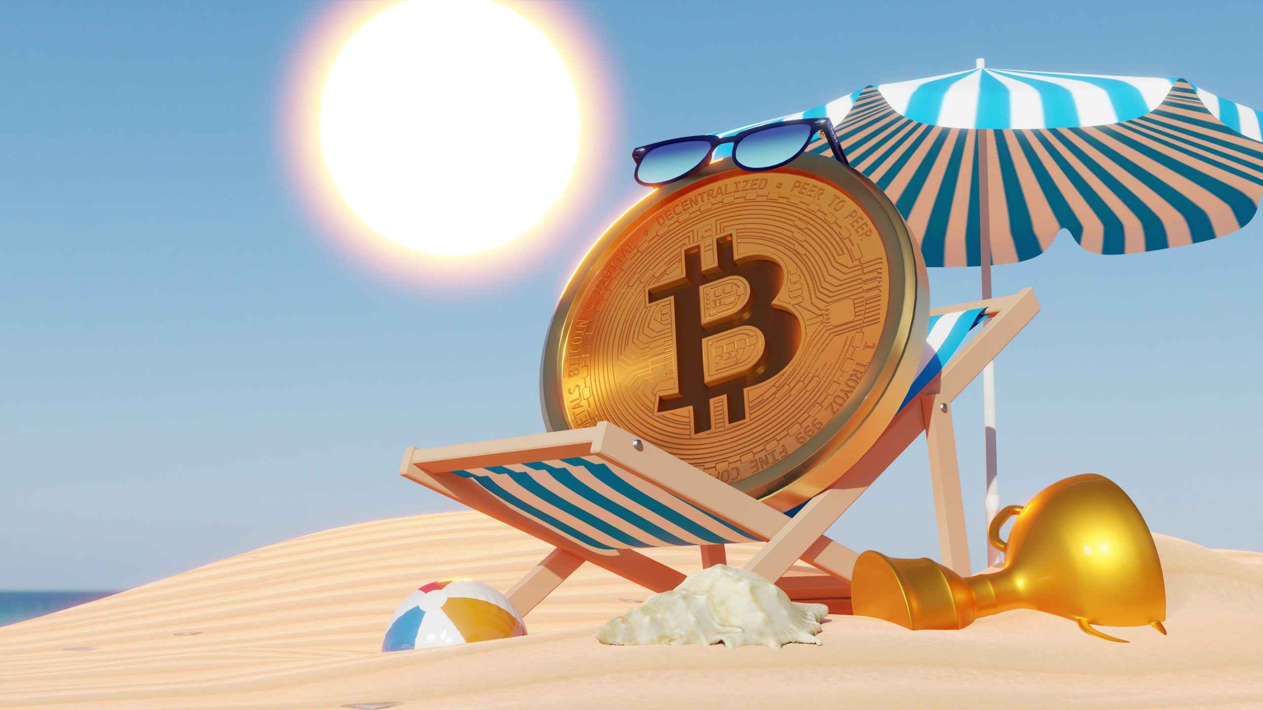 Bitcoin sentado em uma cadeira de praia