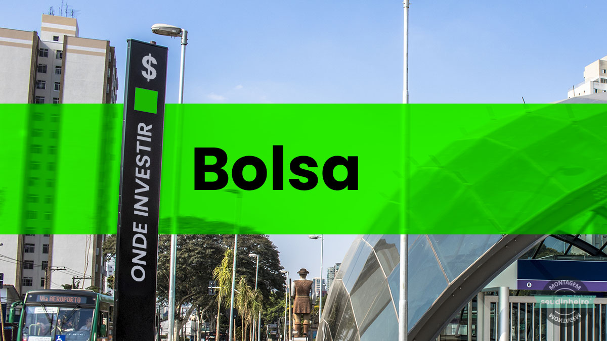 Arte com totem de estação do metrô com inscrição Onde Investir e Bolsa