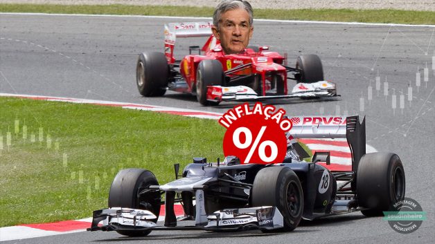 Montagem de Jerome Powell em carro de fórmula 1 atrás da curva competindo com carro da frente com nome de inflação