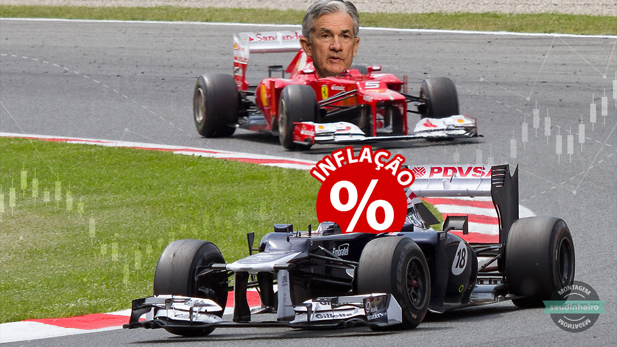Montagem de Jerome Powell em carro de fórmula 1 atrás da curva competindo com carro da frente com nome de inflação