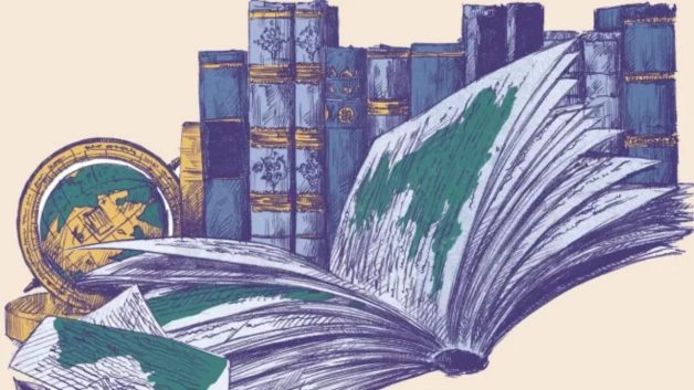 Ilustração de livros em tons azulados e fundo rosa
