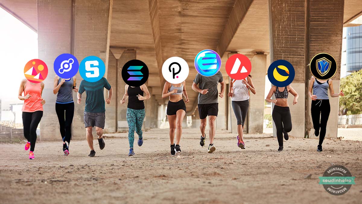 Imagem de pessoas correndo com os logos da solana, polkadot, avalanche, terra, decentraland, YGG, the sand box, Enji e helium no lugar de suas cabeças