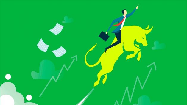 Touro amarelo com investidor em cima dele em direção para o alto, representando um bull market do Ibovespa e da bolsa brasileira