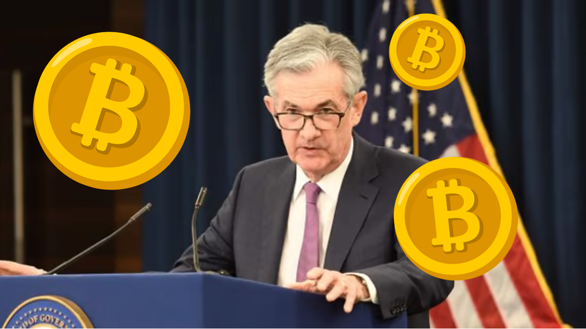 Jerome Powell, presidente do Federal Reserve, o BC americano, rodeado de bitcoin (BTC)