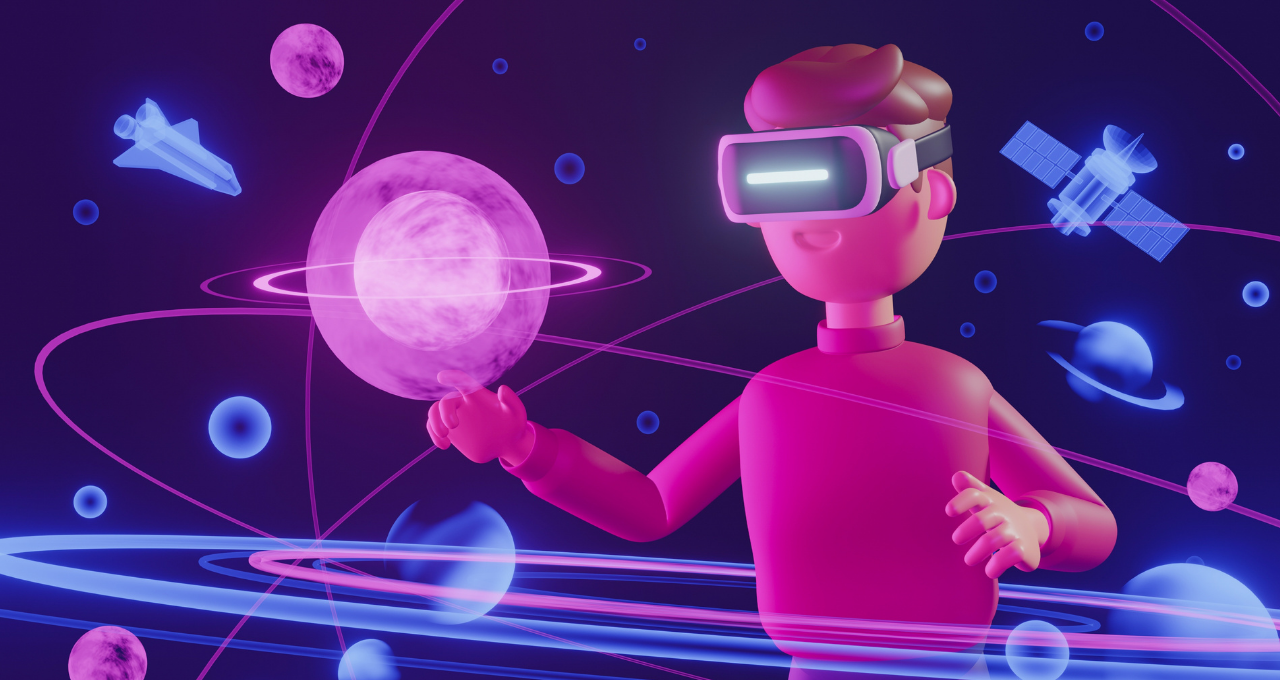 Ilustração de uma pessoa no metaverso, usando óculos de realidade virtual