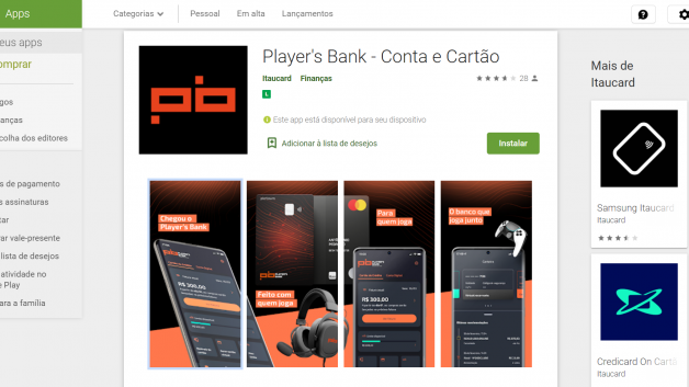 Telas do Player's Bank, do Itaú, na Play Store