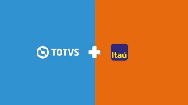 Montagem mostrando os logos da Totvs (TOTS3), à esquerda, num fundo azul, e do Itaú (ITUB4), à direita, num fundo laranja. Há um sinal de '+' no centro, indicando a parceria entre as empresas