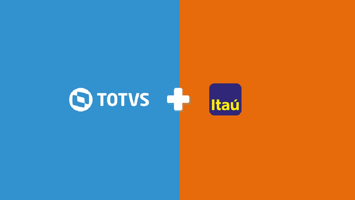 Montagem mostrando os logos da Totvs (TOTS3), à esquerda, num fundo azul, e do Itaú (ITUB4), à direita, num fundo laranja. Há um sinal de '+' no centro, indicando a parceria entre as empresas