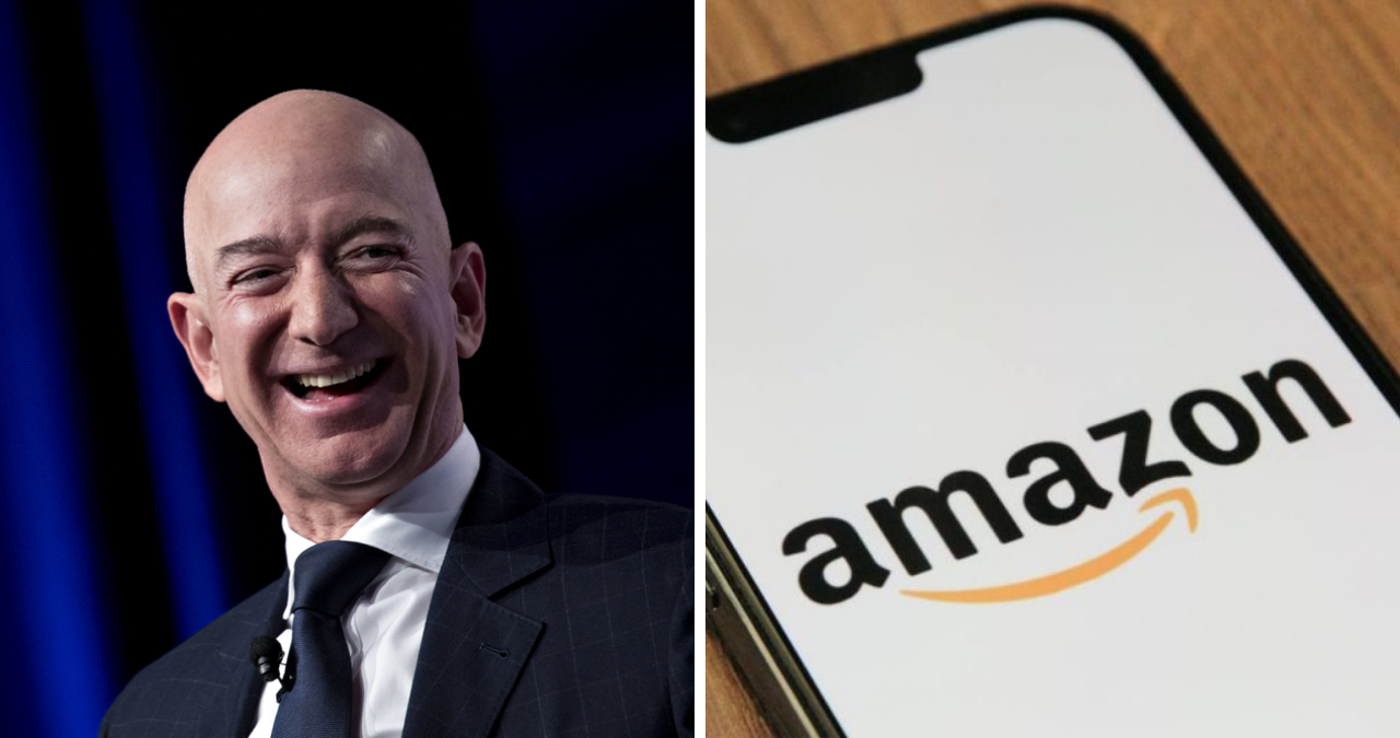 Montagem com Jeff Bezos e um celular com a tela na Amazon