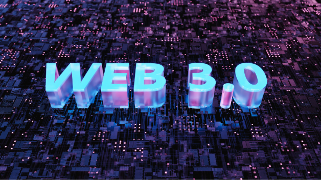 Ilustração digital com fundo tech, escrito Web 3.0 em relevo