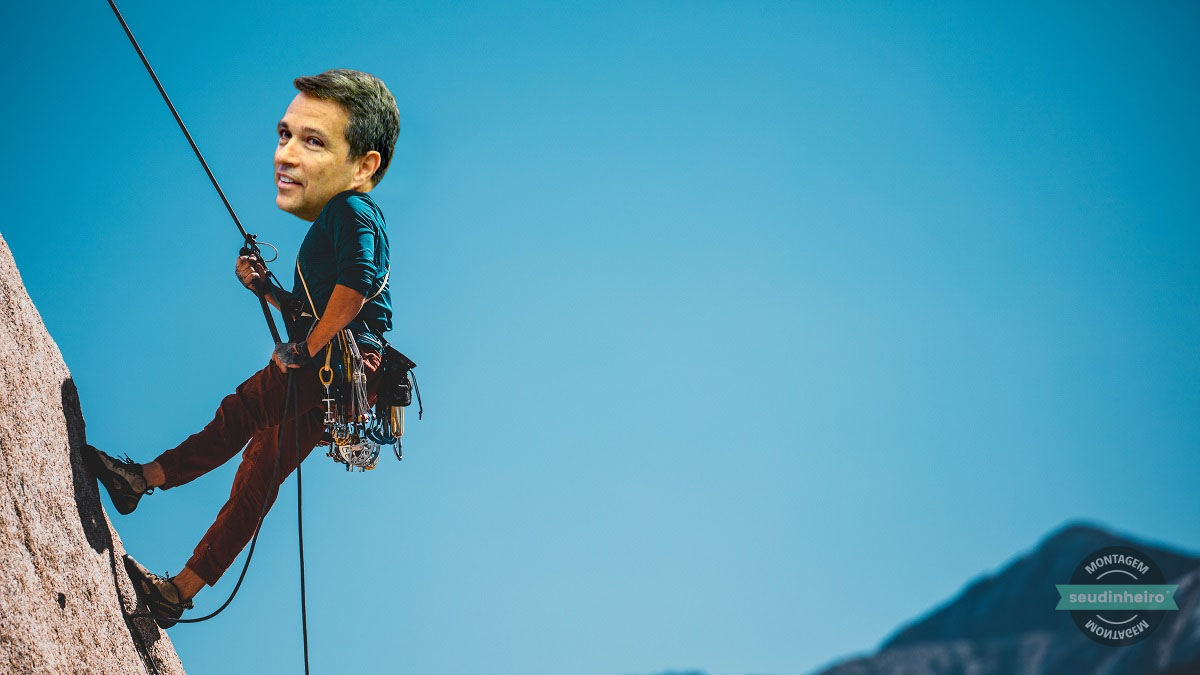 Montagem mostrando o presidente do Banco Central (BC), Roberto Campos Neto, escalando uma montanha, sinalizando o ciclo de alta da Selic, a taxa básica de juros do Brasil, promovido pelo Copom