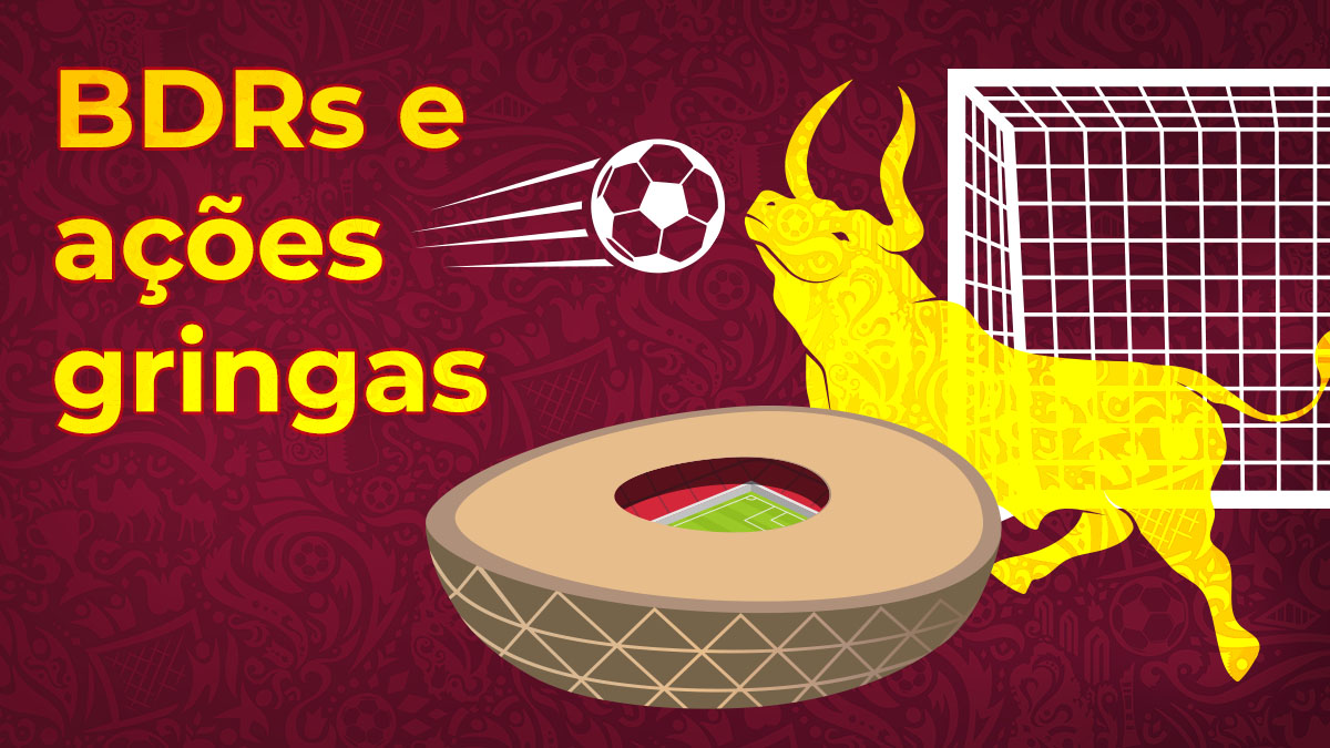 Capa matéria com touro, bola de futebol indo para o gol e estádio da copa 2022