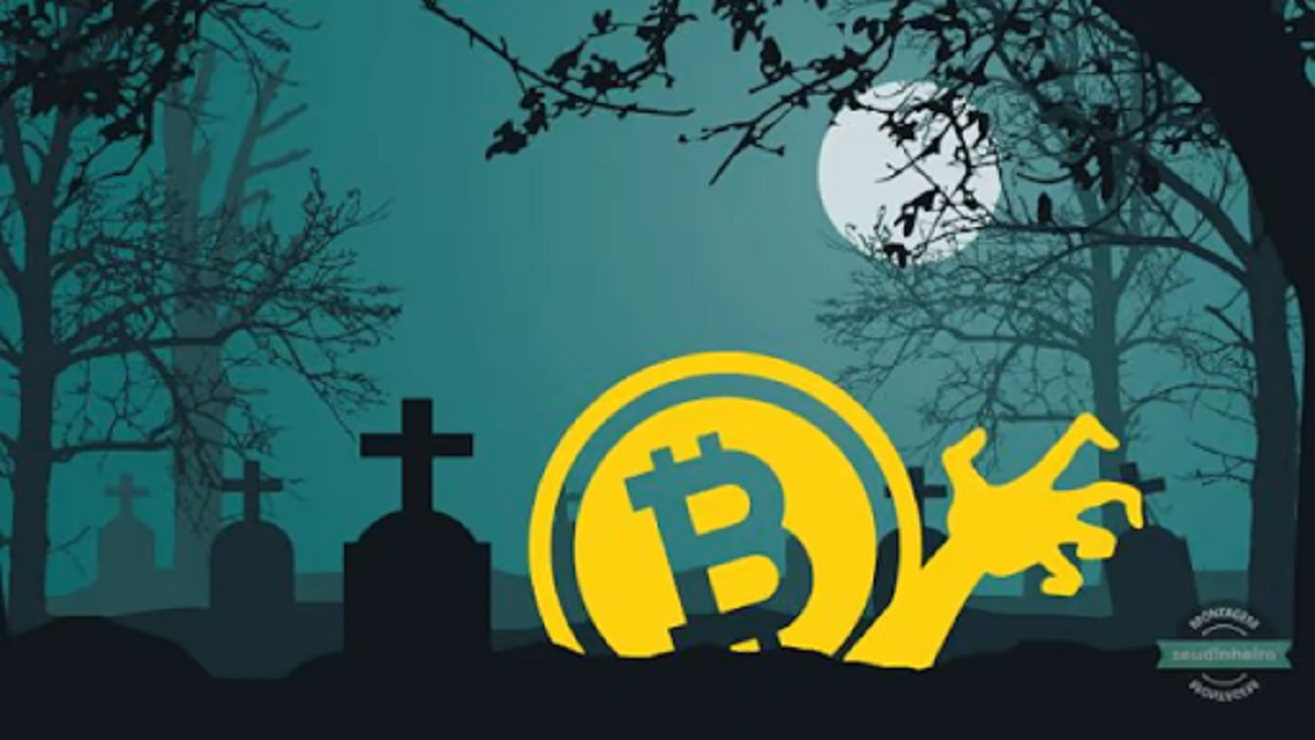 Cemitério com um Bitcoin e uma mão saindo do solo