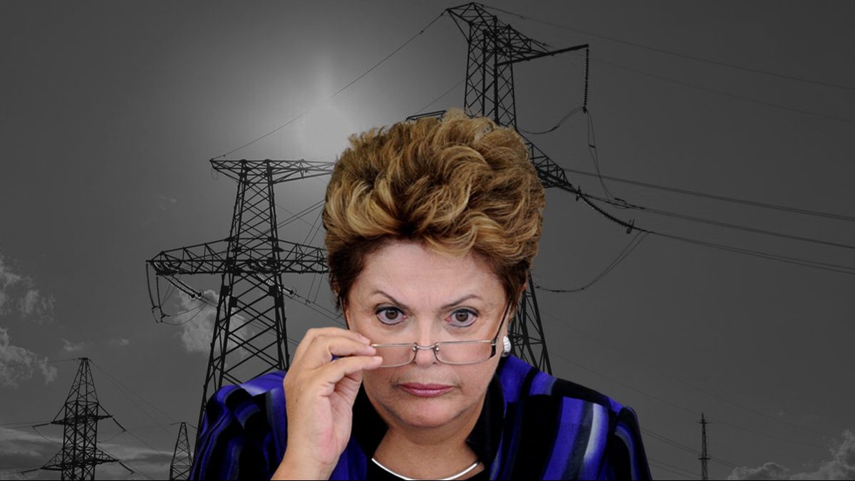 Montagem com a ex-presidente Dilma Rouseff e linhas de transmissão de energia ao fundo