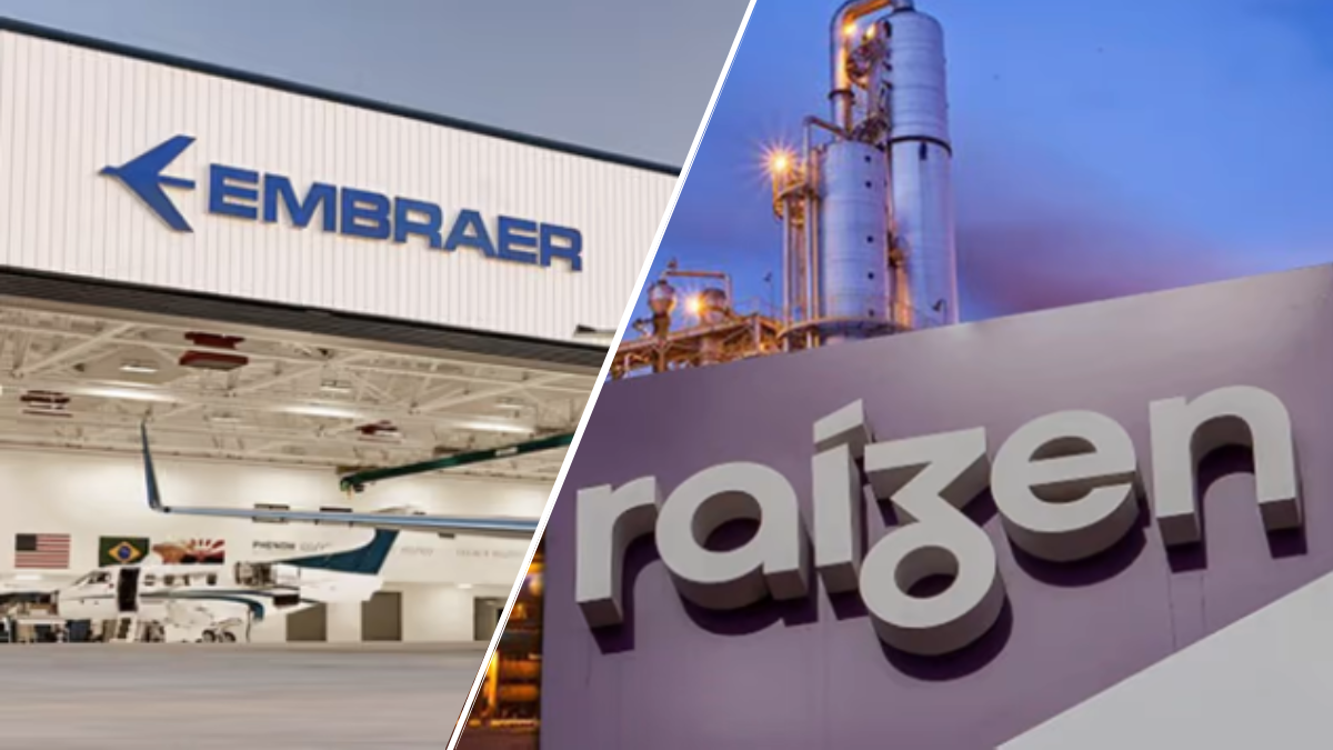 Montagem com imagens de Embraer (EMBR3) e Raízen (RAIZ4)